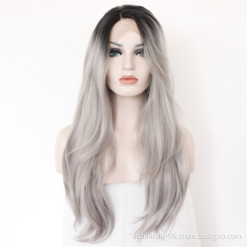 Aishili top quality long gray remy hair kinky straight hd synthetic lace front wigs for women